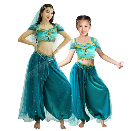 Belly Dance Princess Jasmine Costume Women Girls Bollywood Top Pants Veils Set