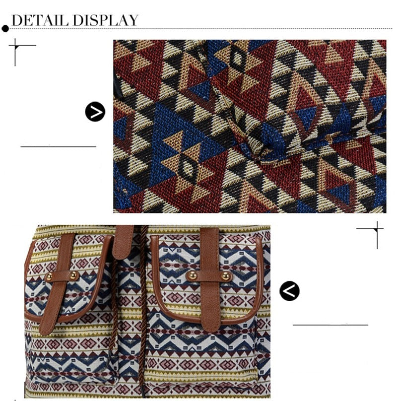 Boho Backpack Canvas Rucksack Faux Leather