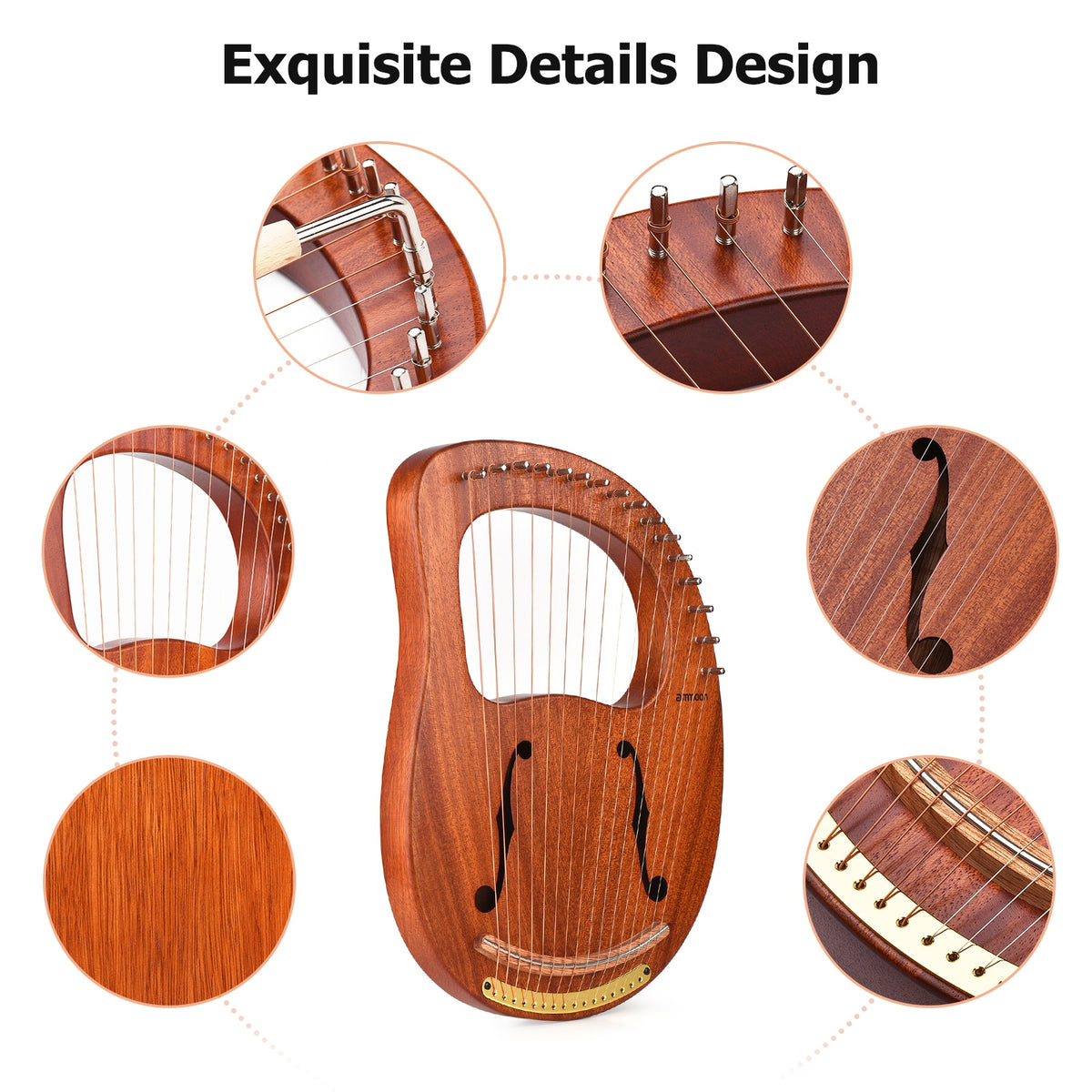 16-String Wooden Lyre Harp with Carry Bag, Tuning Wrench, Music Book