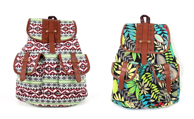 Boho Backpack Canvas Rucksack Faux Leather
