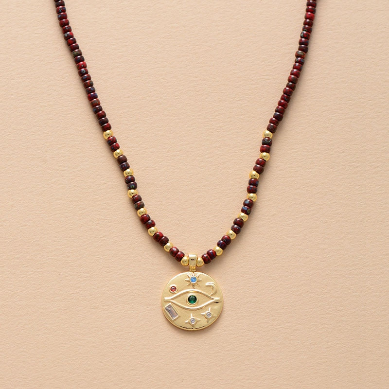 Horn Evil Eye Heart Pendant Glass Seed Beads Short Choker Necklaces