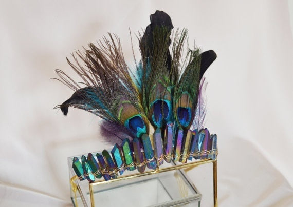 Blue Crystal Peacock Feather Goddess Crown