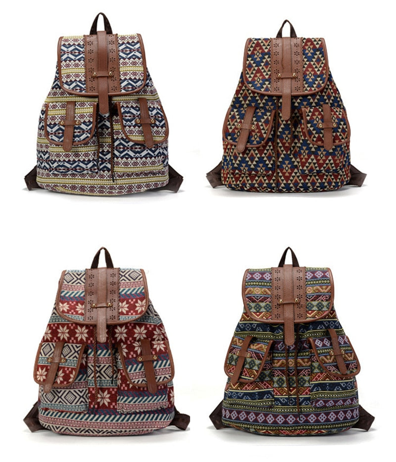 Boho Backpack Canvas Rucksack Faux Leather