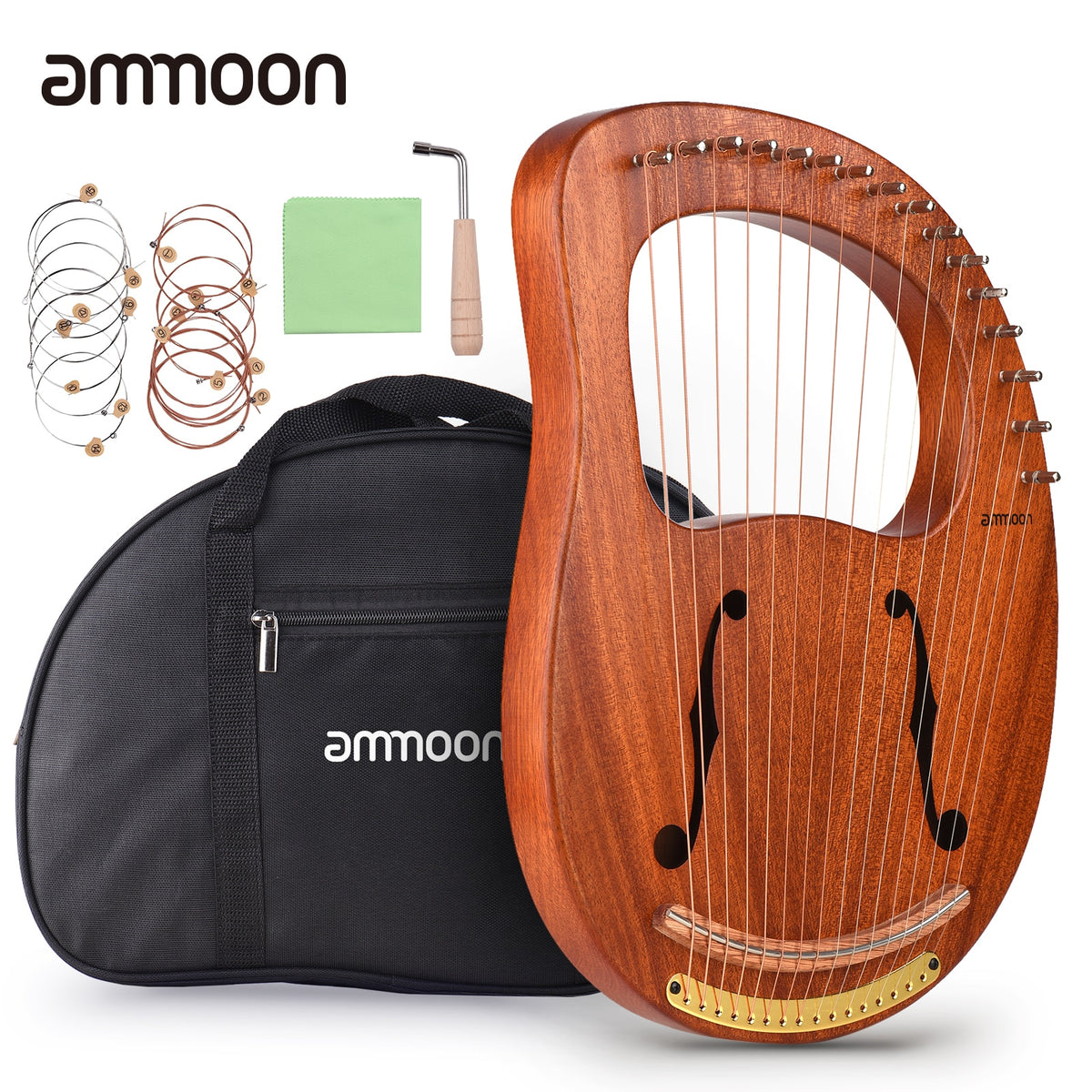 16-String Wooden Lyre Harp with Carry Bag, Tuning Wrench, Music Book