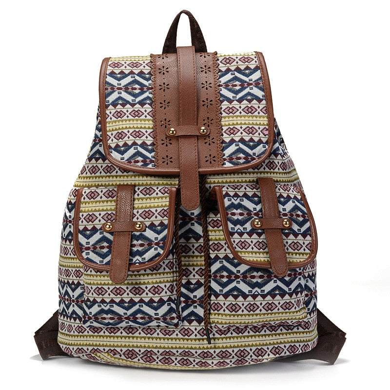 Boho Backpack Canvas Rucksack Faux Leather