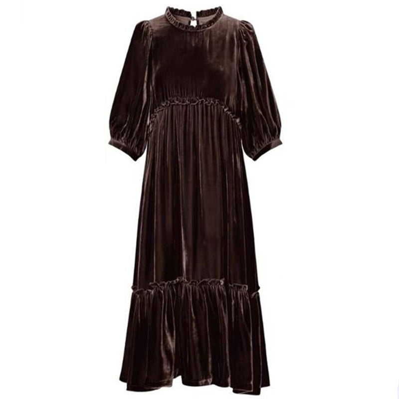 Christine Ruffled Velvet Long Sleeve Dress