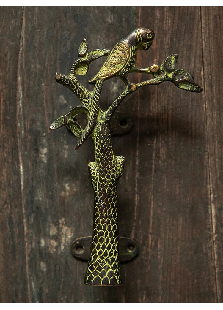 Parrot in a Tree Brass Door Pull Handmade Hardware