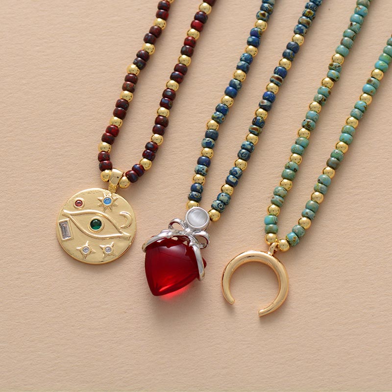 Horn Evil Eye Heart Pendant Glass Seed Beads Short Choker Necklaces