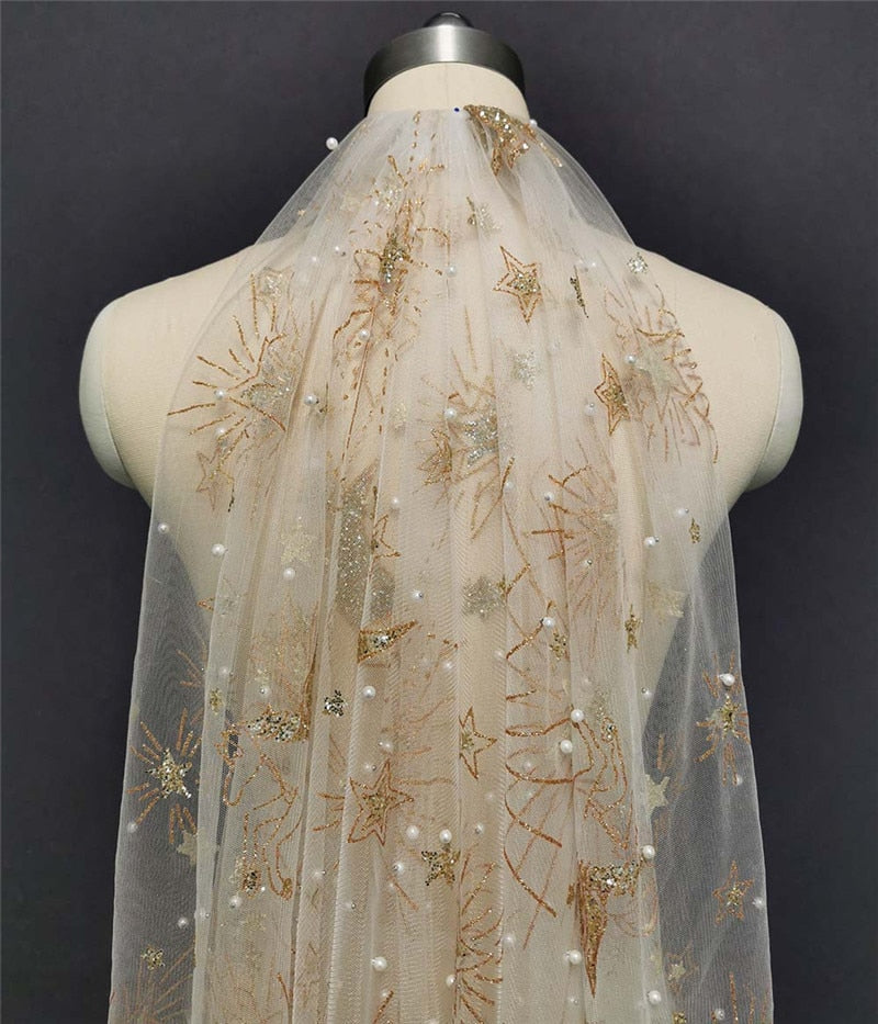 Pearls and Glitter Gold Dust Short Bridal Veil with Comb