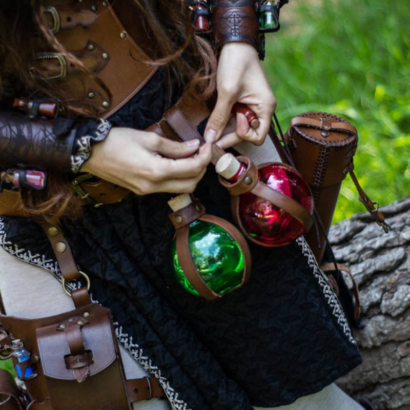 Medieval Alchemist Round Flask Potion Bottle With A Cork Leather Holder Steampunk Belt Accessory For Larp Costume Cosplay