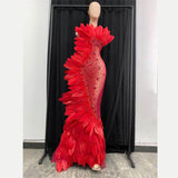 Valeria Red Halter Rhinestone Feather Stage Wear Performance Dress