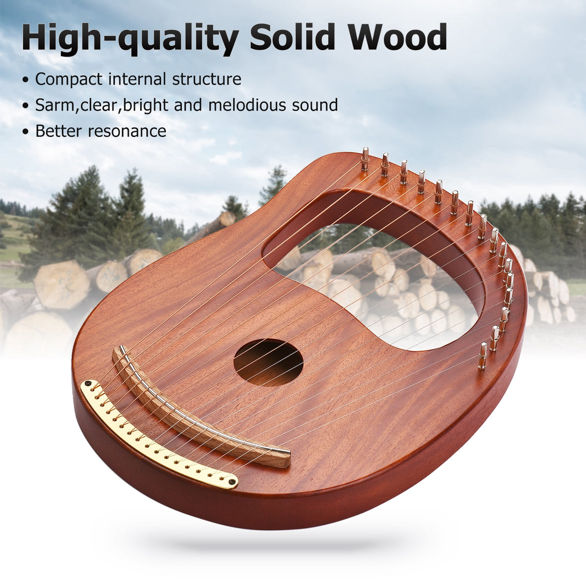 16-String Wooden Lyre Harp with Carry Bag, Tuning Wrench, Music Book