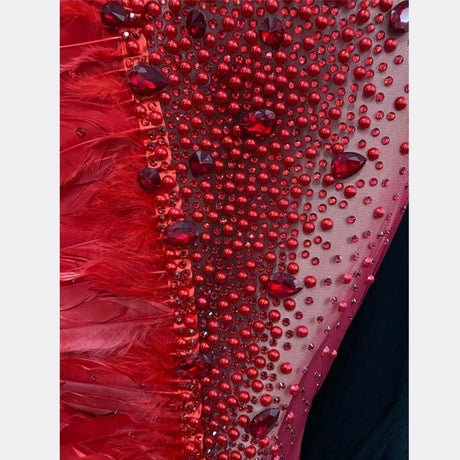 Valeria Red Halter Rhinestone Feather Stage Wear Performance Dress