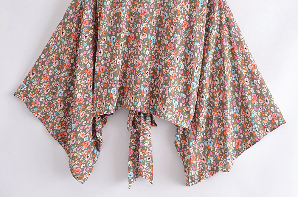 Boho Vintage Floral Print Short Kimono Wrap Tops