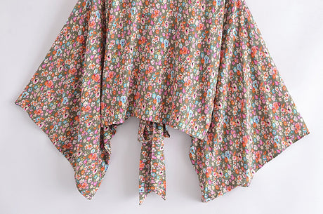 Boho Vintage Floral Print Short Kimono Wrap Tops
