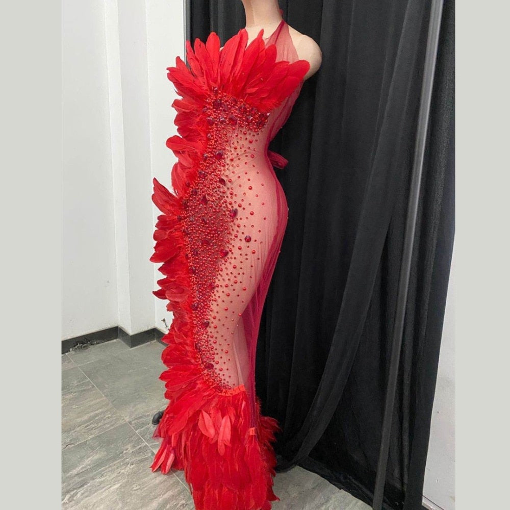 Valeria Red Halter Rhinestone Feather Stage Wear Performance Dress