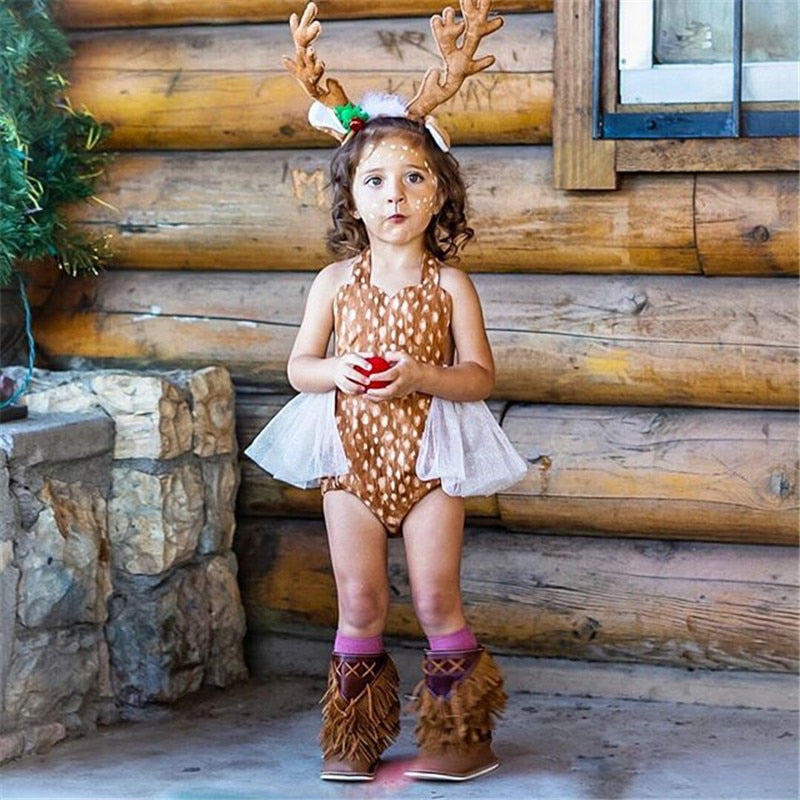 Christmas Baby Girl Deer Costume Antlers Headband Set