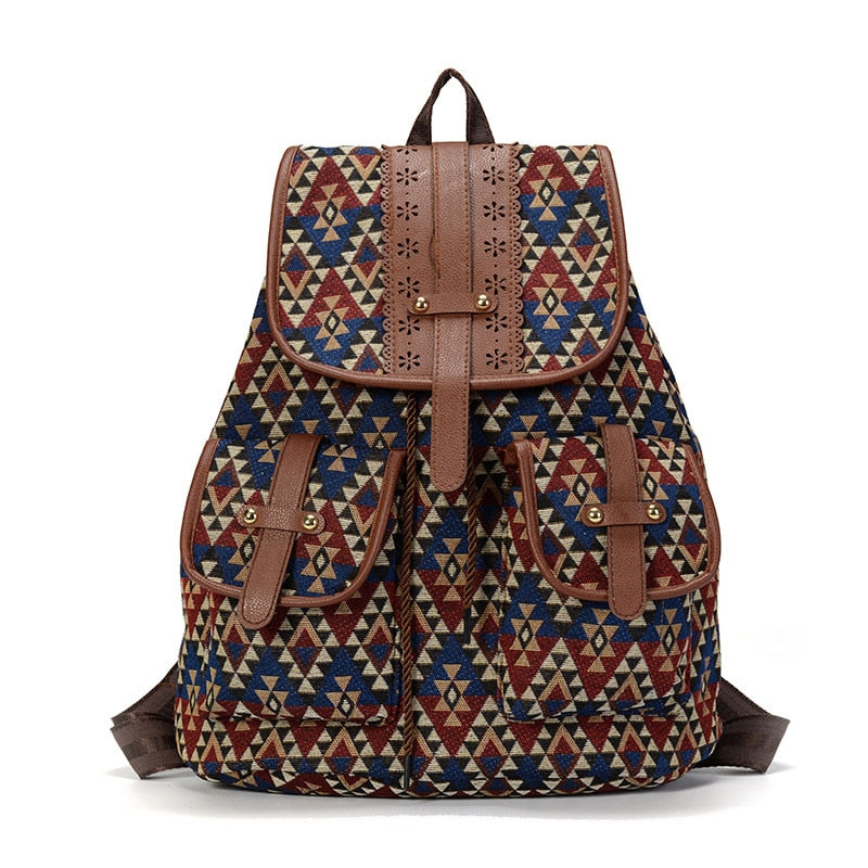 Boho Backpack Canvas Rucksack Faux Leather