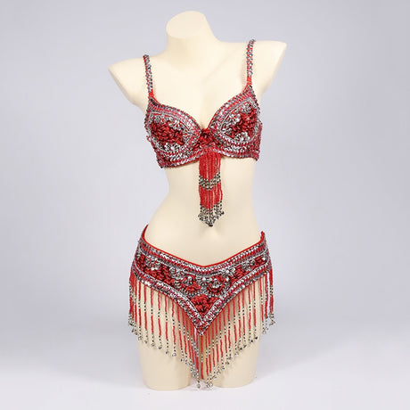 Belly Dancers Beaded Bra and Belt Set Belly Dance Costume Set with Bells