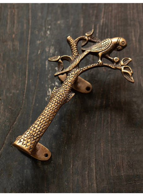 Parrot in a Tree Brass Door Pull Handmade Hardware