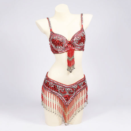 Belly Dancers Beaded Bra and Belt Set Belly Dance Costume Set with Bells