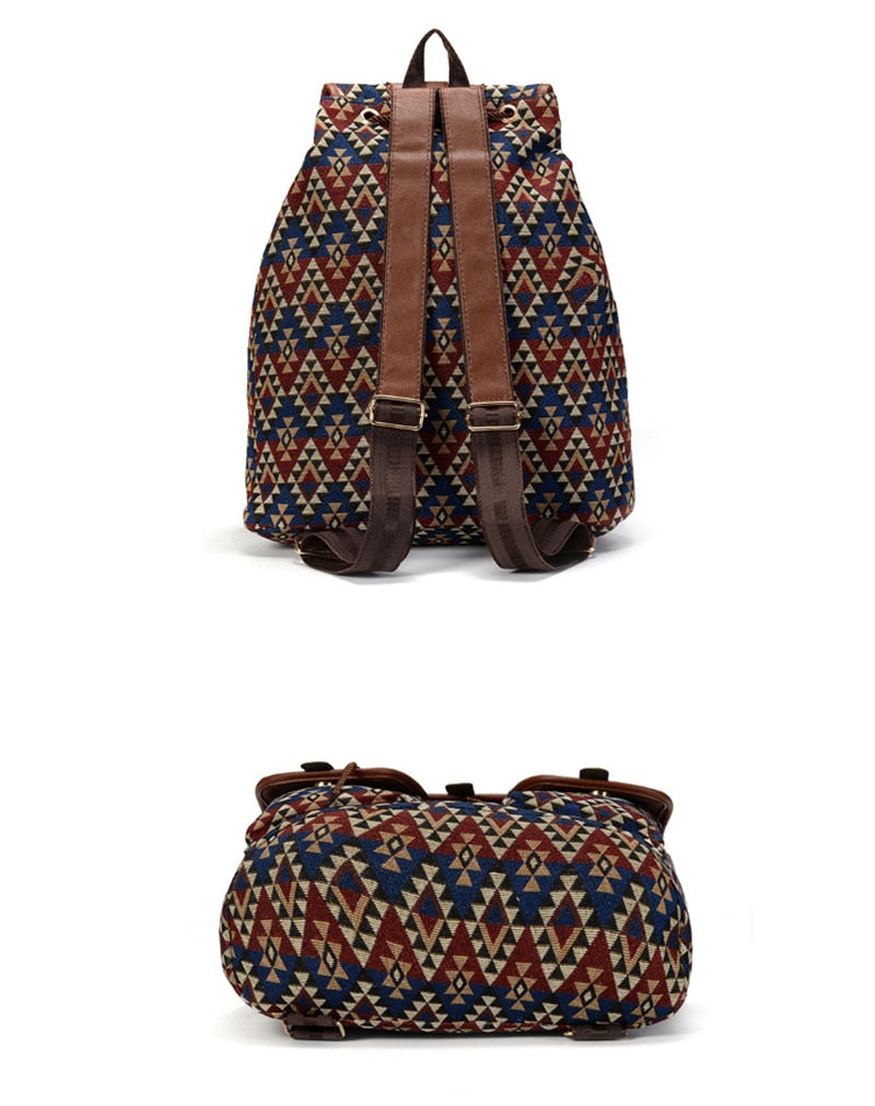 Boho Backpack Canvas Rucksack Faux Leather