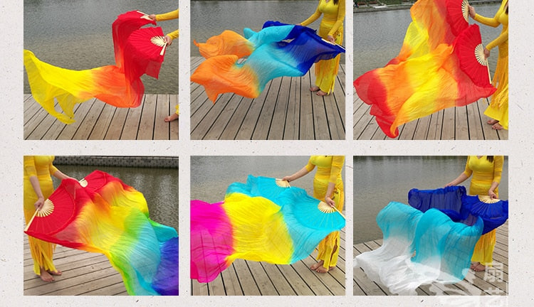 1Pair 100% Real Silk Dance Fan Gradient Stage Dance Silk Fans