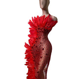 Valeria Red Halter Rhinestone Feather Stage Wear Performance Dress