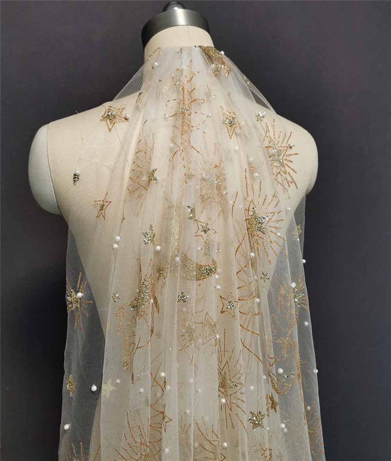 Pearls and Glitter Gold Dust Short Bridal Veil with Comb
