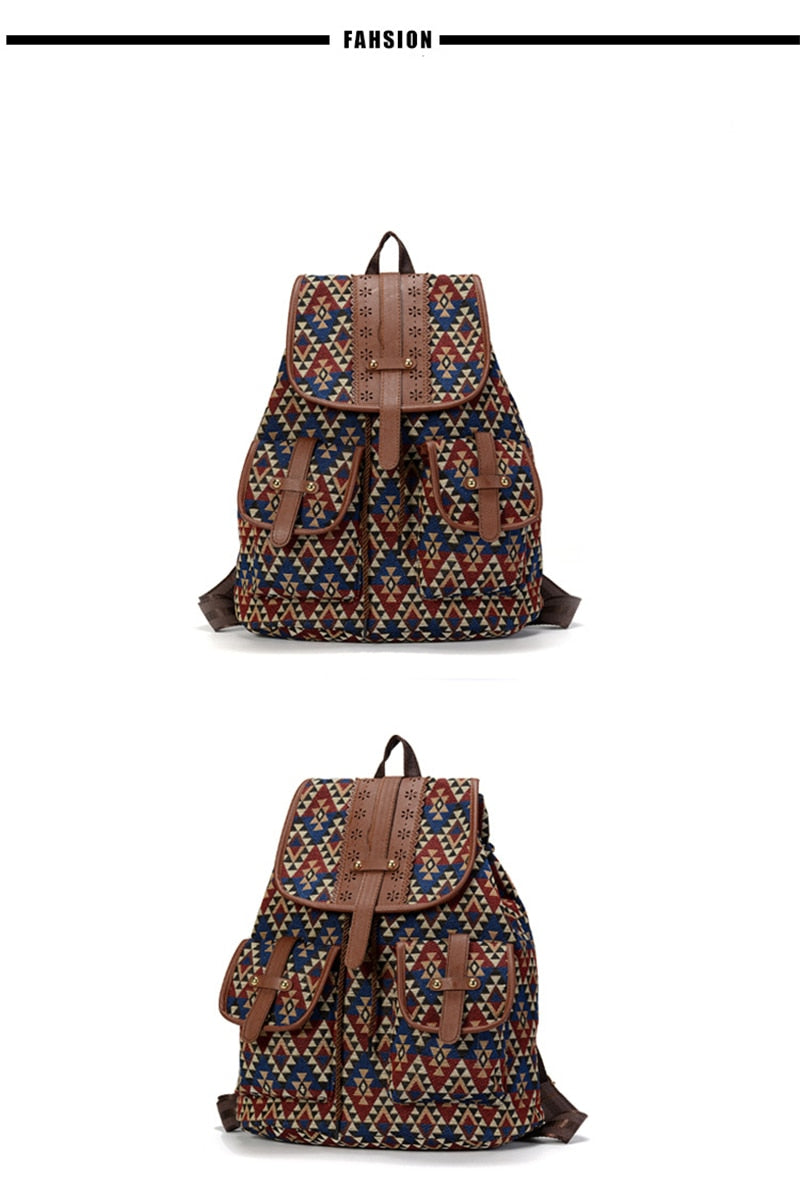 Boho Backpack Canvas Rucksack Faux Leather