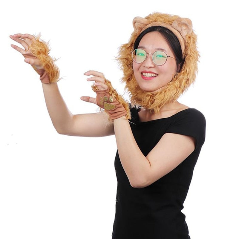 Lion Plush Ears Headband Tail and Paws Set Halloween Costume for Adults and Kids
