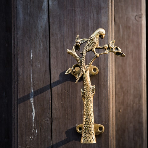 Parrot in a Tree Brass Door Pull Handmade Hardware