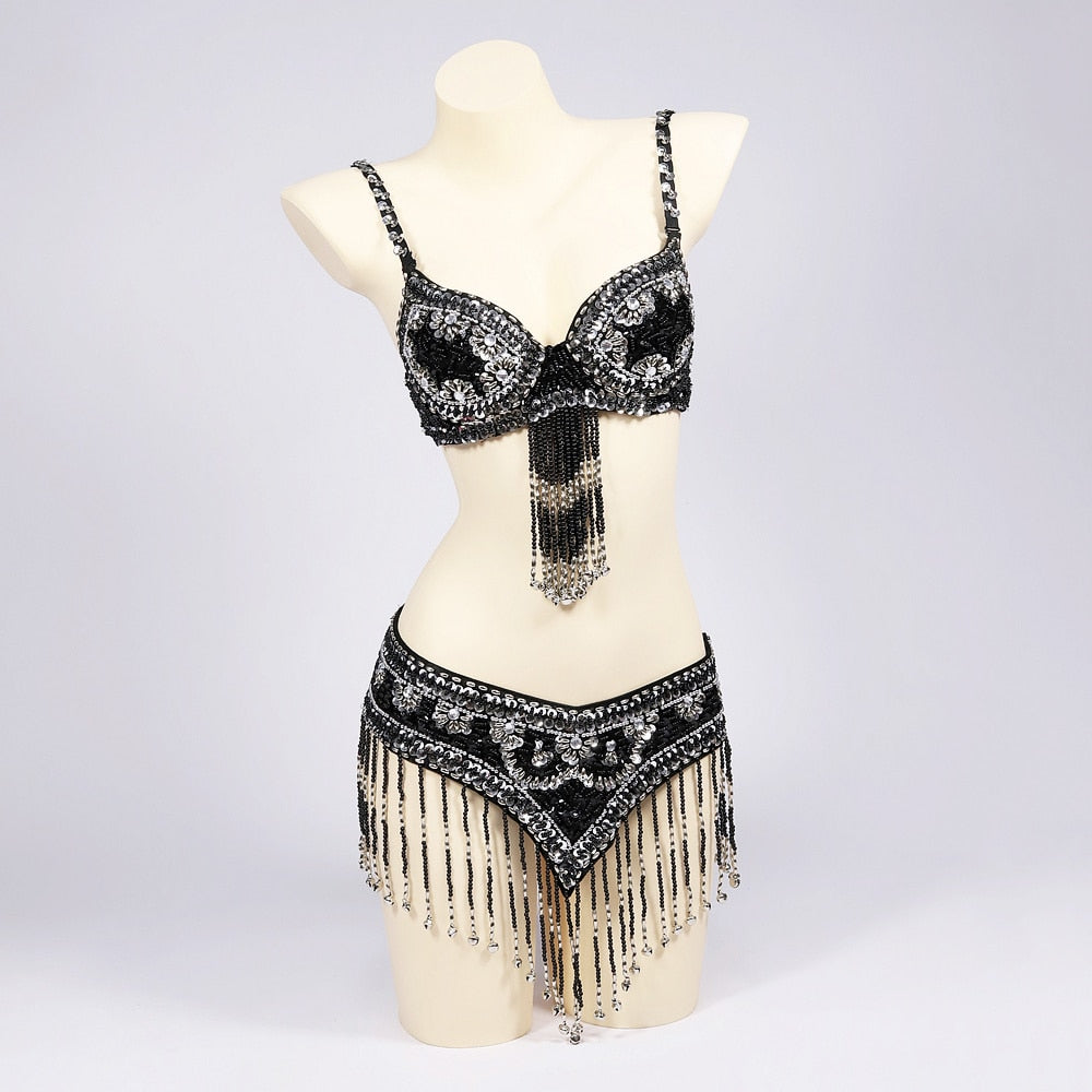 Belly Dancers Beaded Bra and Belt Set Belly Dance Costume Set with Bells