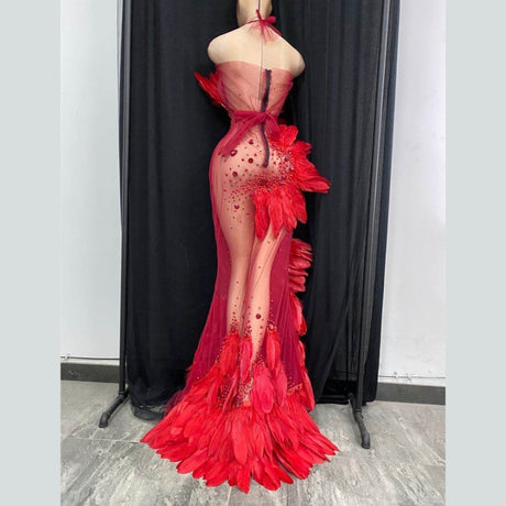 Valeria Red Halter Rhinestone Feather Stage Wear Performance Dress