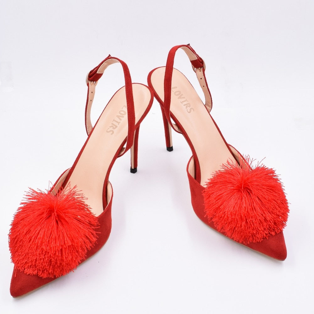 Pom Pom Slingback Stiletto Shoes