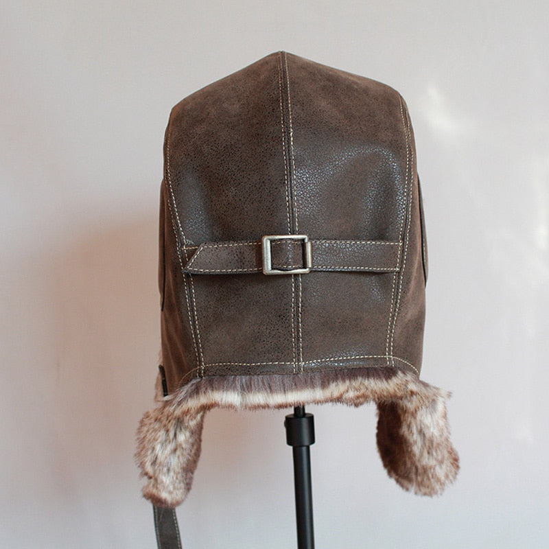 Winter Pilot Aviator Bomber Trapper Hat Faux Fur Leather Snow Cap with Ear Flaps