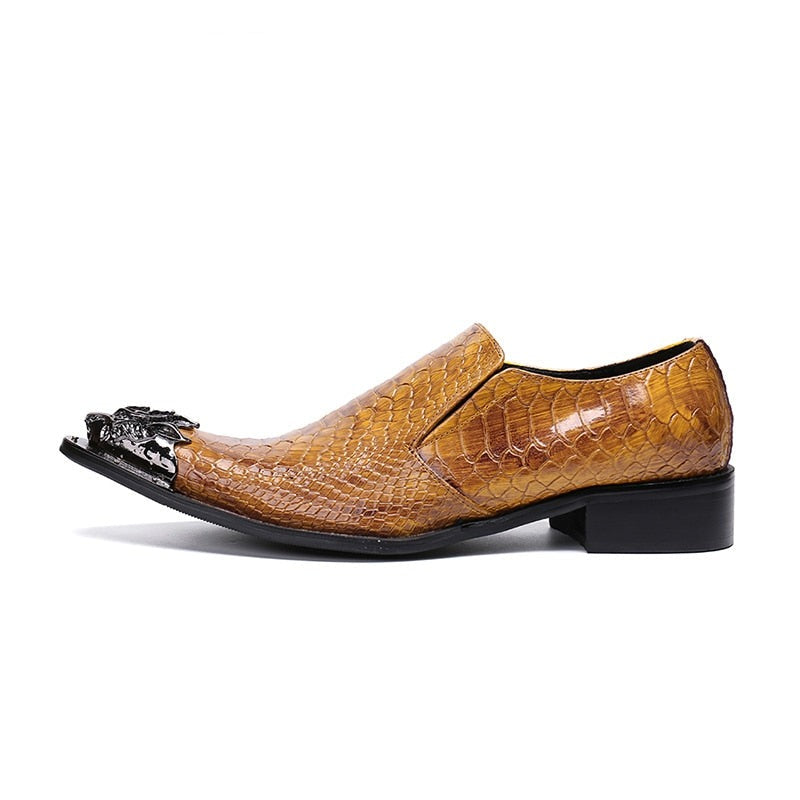 Caramel Croc Rock Mens Metal Tip Genuine Leather Dress Shoes