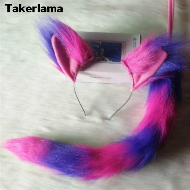 The Cheshire Cat Ears Plush Tail Pink Purple Cat Halloween Cosplay Props Furries Costume