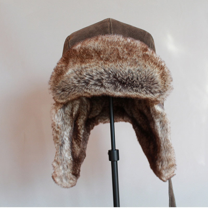 Winter Pilot Aviator Bomber Trapper Hat Faux Fur Leather Snow Cap with Ear Flaps