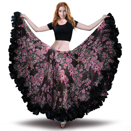 Black Floral Belly Dance Chiffon Gypsy Flamenco Skirt