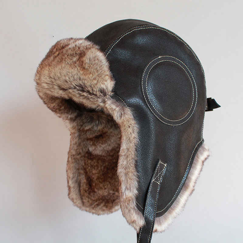 Winter Pilot Aviator Bomber Trapper Hat Faux Fur Leather Snow Cap with Ear Flaps