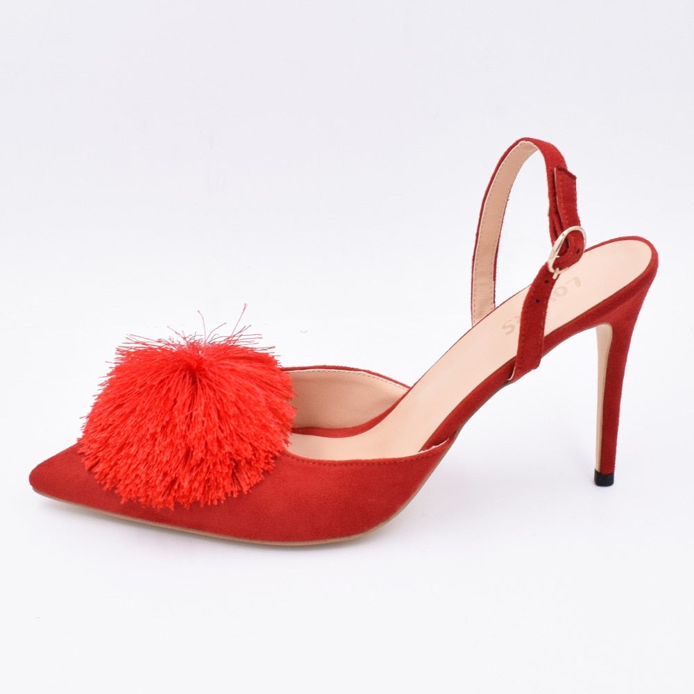 Pom Pom Slingback Stiletto Shoes