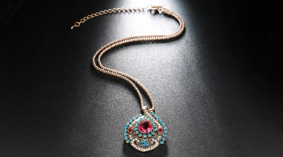 Pink & Blue Crystal Turkish Jewellery Sets Earrings Necklace Ring