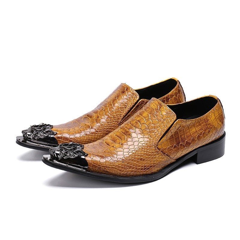 Caramel Croc Rock Mens Metal Tip Genuine Leather Dress Shoes