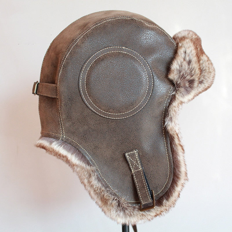 Winter Pilot Aviator Bomber Trapper Hat Faux Fur Leather Snow Cap with ...