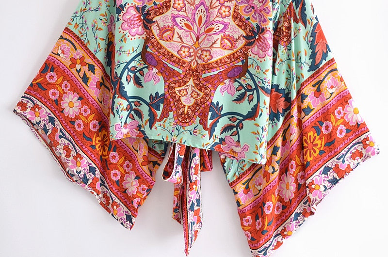 Boho Vintage Floral Print Short Kimono Wrap Tops