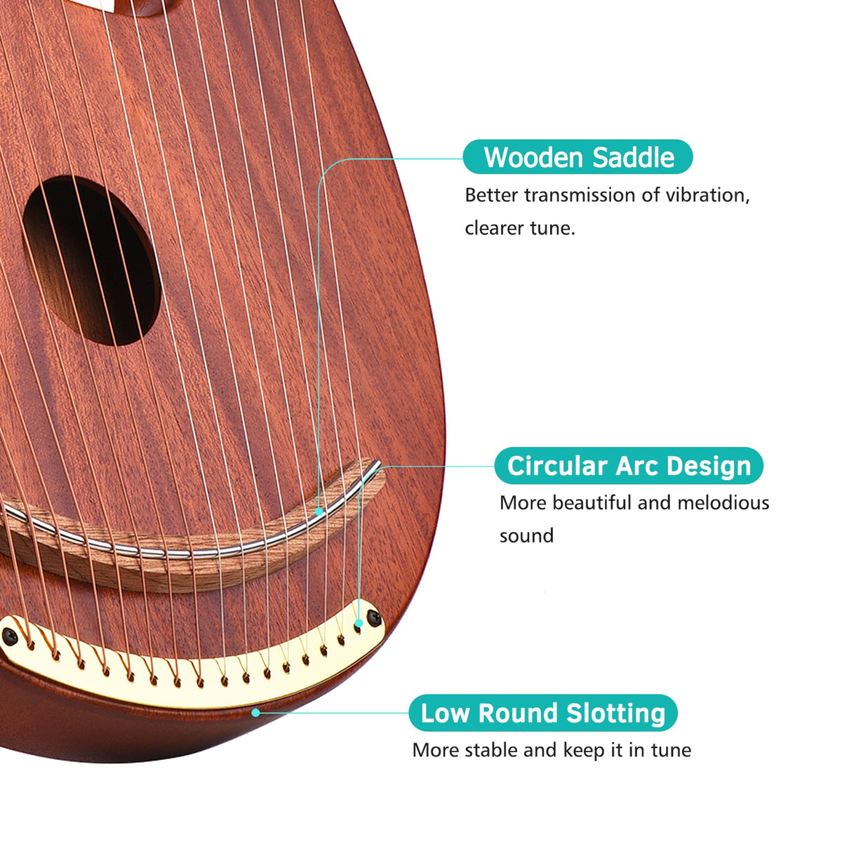 16-String Wooden Lyre Harp with Carry Bag, Tuning Wrench, Music Book