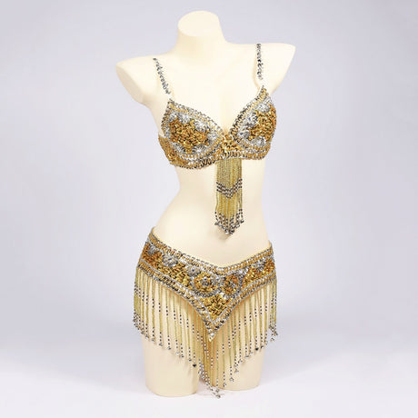 Belly Dancers Beaded Bra and Belt Set Belly Dance Costume Set with Bells