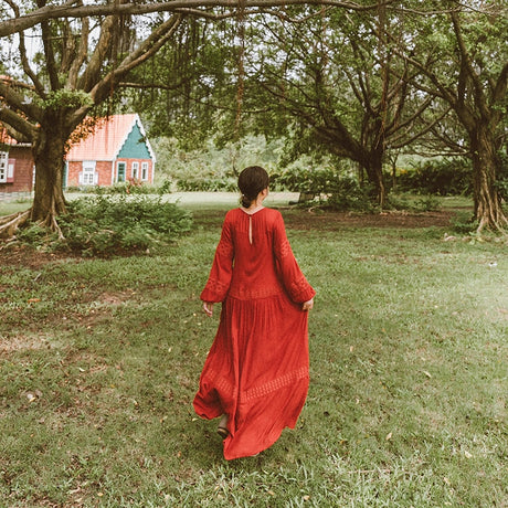Shyla Boho Cotton Long Sleeve Red Dress