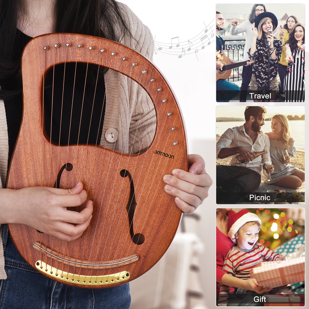 16-String Wooden Lyre Harp with Carry Bag, Tuning Wrench, Music Book